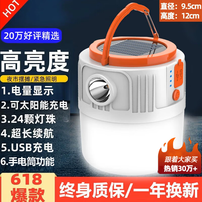曼戈途超亮停电充电灯泡应急露营帐篷挂户外太阳能照明足球灯夜市摆地摊 60000W强光4400毫安20小时