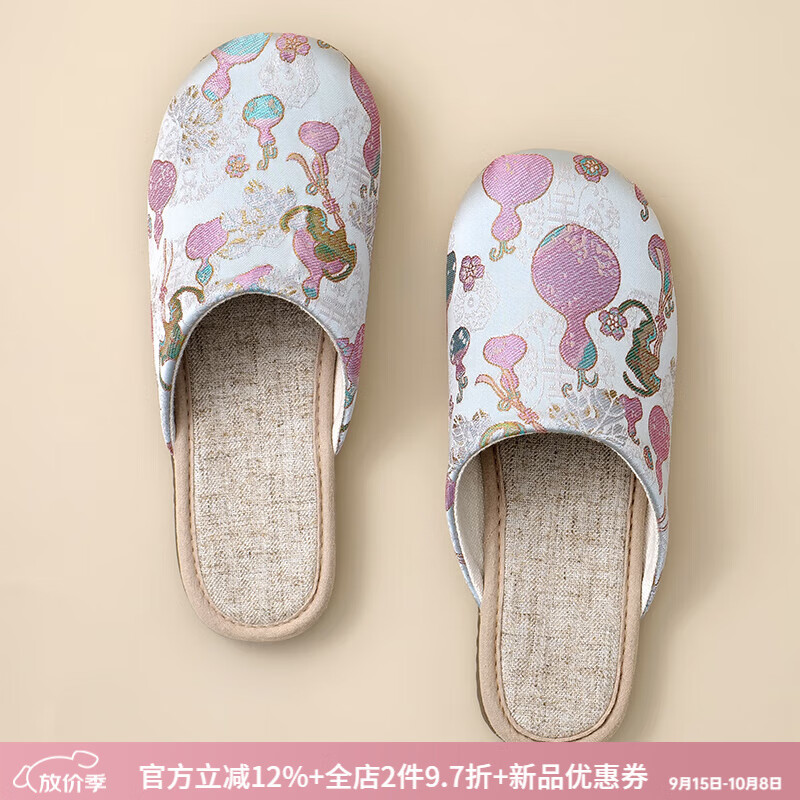 娟的絹新款刺繡棉麻福祿繡花拖鞋女中國風(fēng)民族風(fēng)防滑家居包頭女士拖鞋 福祿螢 腳寬腳背高拍大一碼 35-36