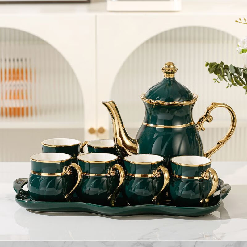 简漾欧式高档水具套装轻奢陶瓷客厅家用茶具杯子茶杯茶壶乔迁礼物送人 绿1壶6杯1荷叶盘礼盒