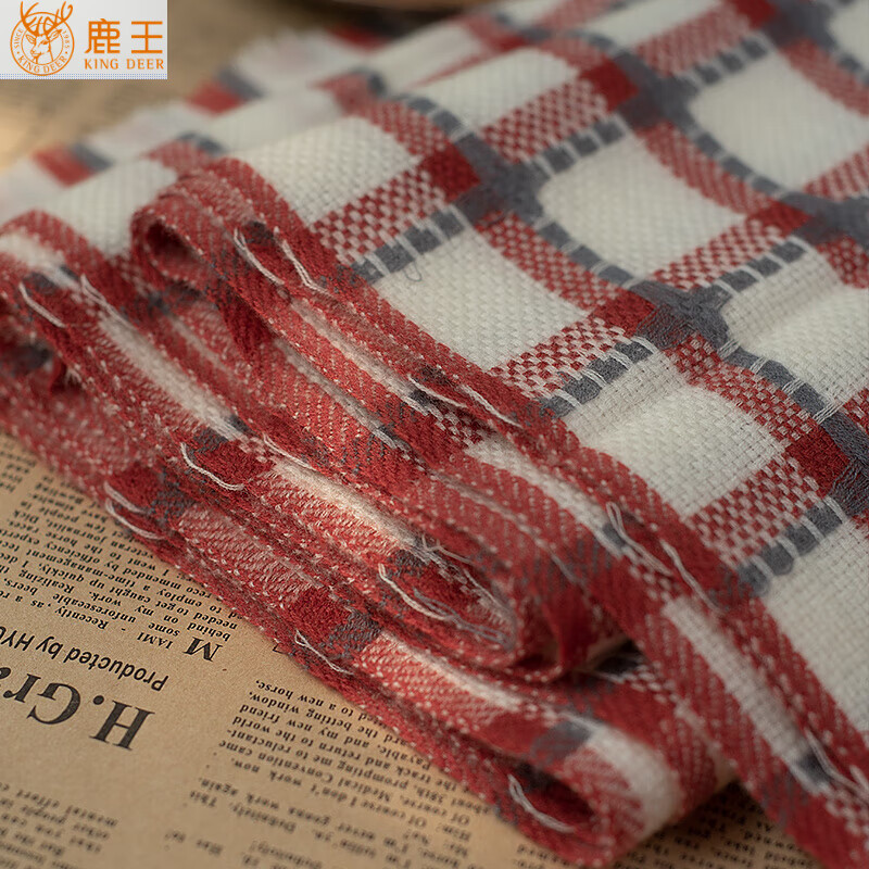 鹿王（KING DEER）純羊毛圍巾清新紅格子高端百搭保暖簡單文藝送禮韓版百搭秋冬披肩 紅白格