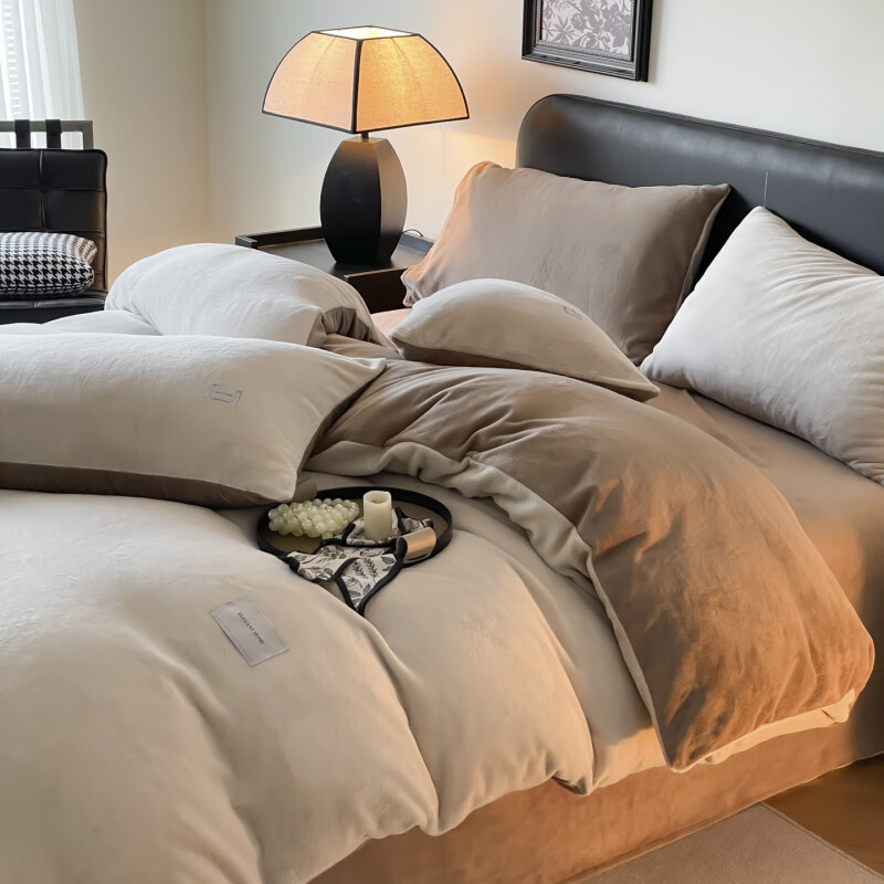 诸禄南通叠石桥牛奶绒四件套冬季保暖舒适纯色毛绒床单被套双人床品 香芋柴深灰 床笠款 1.8m被套加大四件套