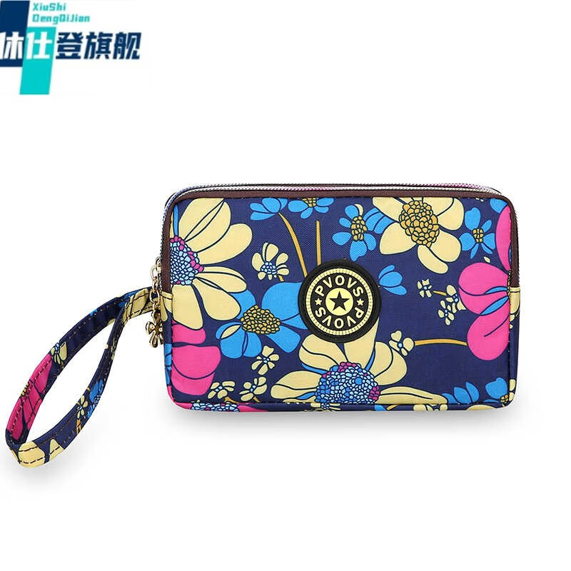 休仕登 XSDN新款多层时尚拉链长款手拿手挽布艺零钱包手机包女包钱包钥匙包 Y5516蓝色大花