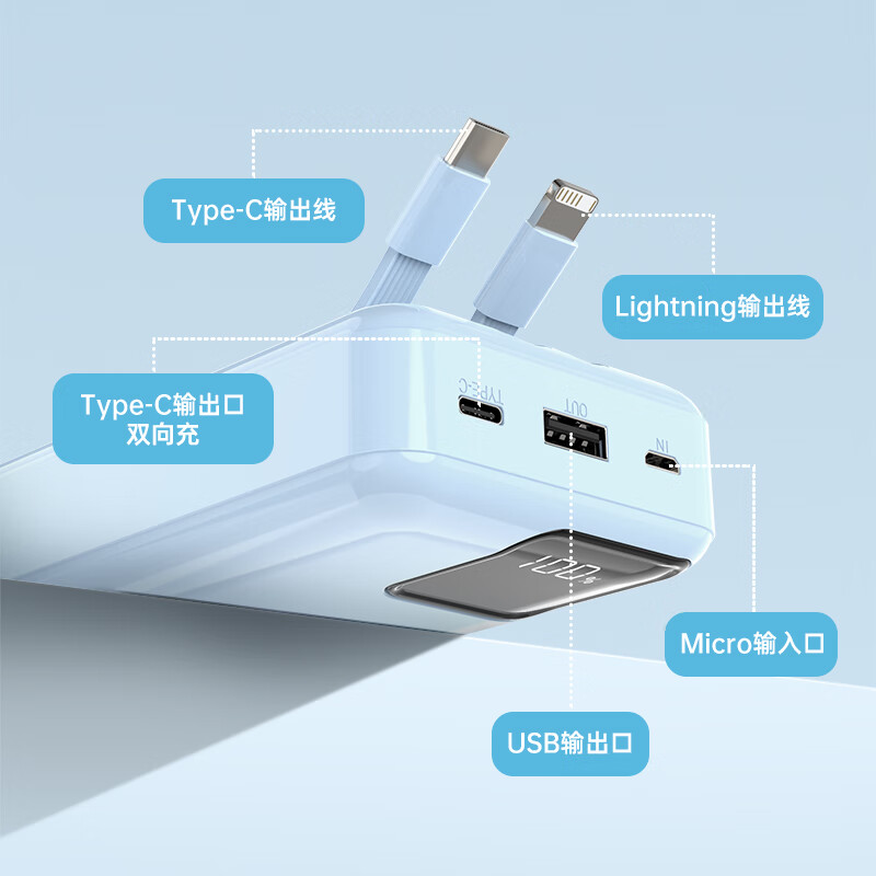 铁达信国标 20000毫安3C认证充电宝 可上飞机 高铁移动电源 自带双线便捷小巧大容量苹果17华为小米可用  【蓝色】双线/2万毫安/支持华为苹果8-16