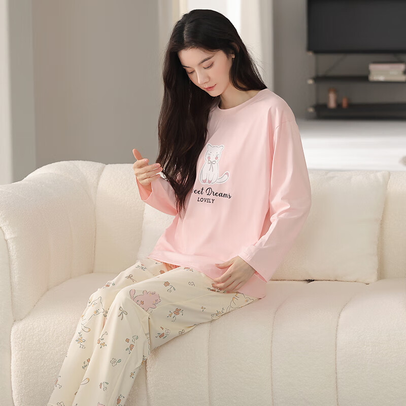 馨爱百年睡衣女春秋长袖纯棉韩版休闲宽松全棉女士套头家居服可外穿套装 QH5521 2XL