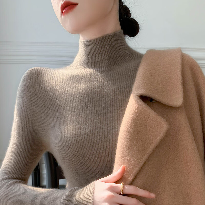 香影纯秋冬新款半高领针织衫女修身显瘦气质洋气打底衫女内搭长袖毛衣女 优雅米驼色 XL (建议115-125斤)