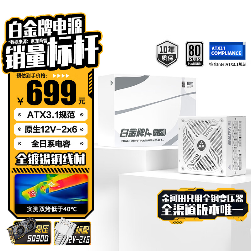 金河田（Golden field）白金A+1050W 全白版ATX3.1电脑电源白金认证/全日系电容/压纹线/12V2*6/5090D显卡/1000uf主电容