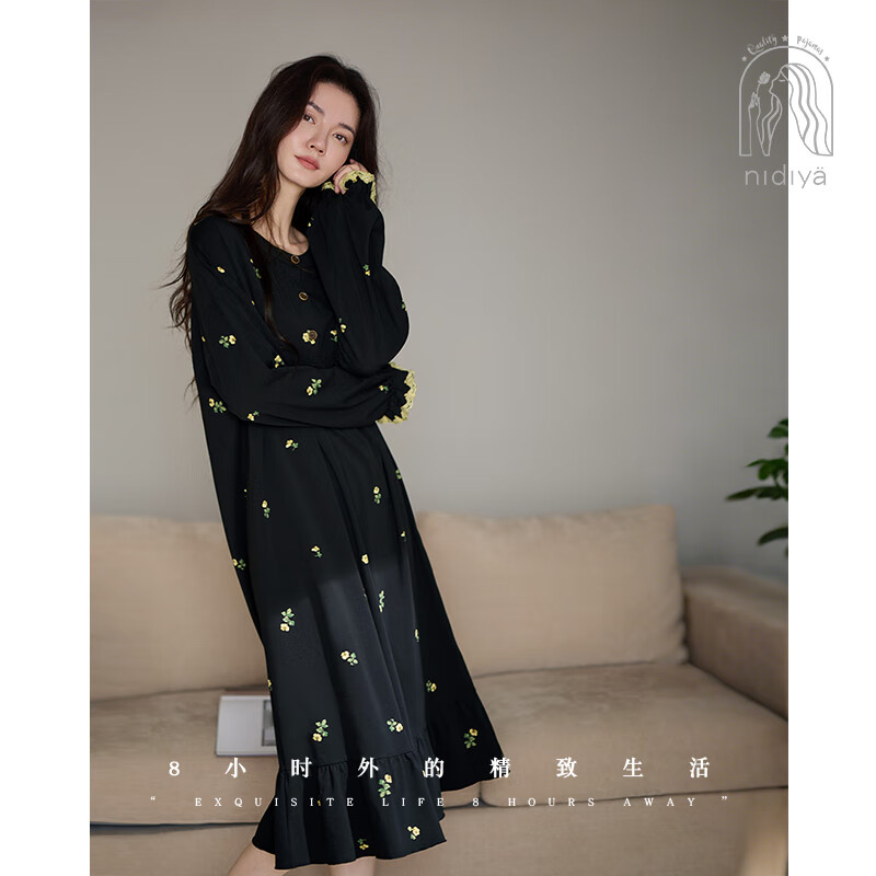 妮狄娅睡衣睡裙女秋季长袖柔软棉法式复古中长裙田园风春秋可外穿家居服 黑色 QF25347 XL (170) 【参考体重125-140斤】