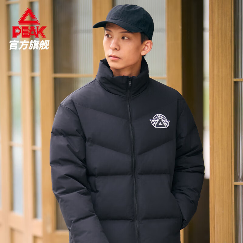 匹克（PEAK）短款羽绒服男秋冬新款宽松加厚保暖立领外套运动面包服男女同款 黑色 3XL