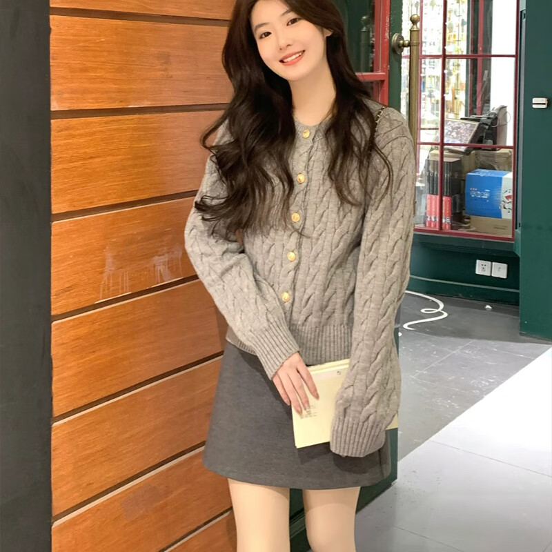 翊尚美针织衫女2025年秋季新款小个子开衫宽松慵懒风外套韩系可外穿上衣 灰色 【不缩水抗起球】 均码 【推荐80-140斤】