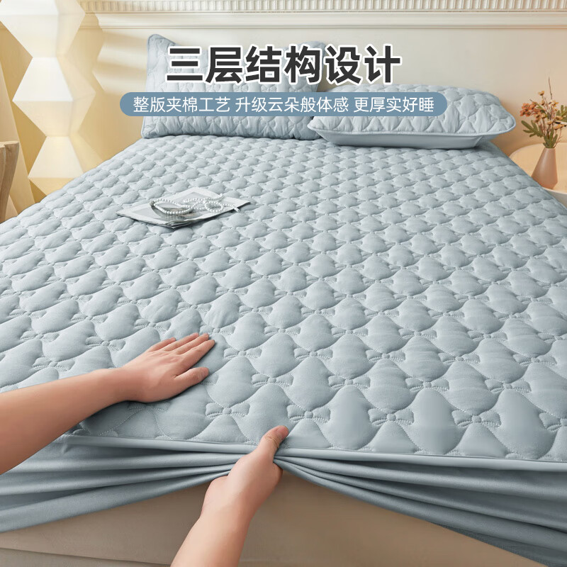 雅鹿加厚夹棉床笠防尘绗缝床罩三件套隔脏床盖床垫保护套床上用品 蝴蝶结床笠-海青【蓬松柔软 四季通用】 150*200cm单床笠