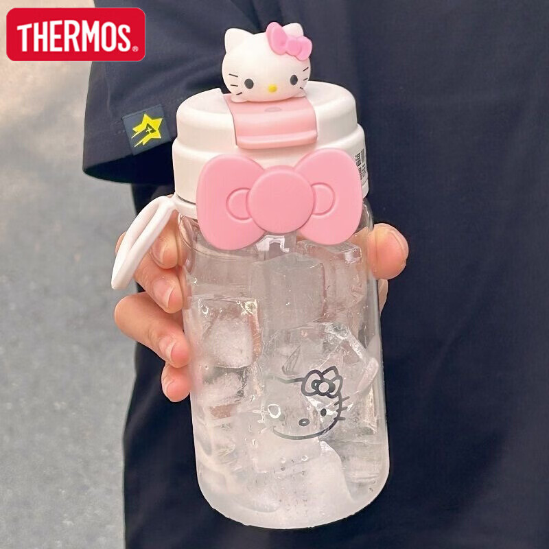 膳魔师(THERMOS)塑料吸管水杯高颜值女生hellokitty夏天刻度杯耐高温学生塑 粉色600ML(赠硅胶蝴蝶结+凯蒂猫贴)