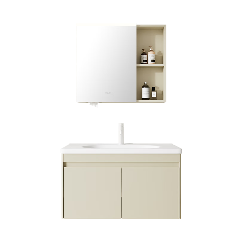 法恩莎（FAENZA）奶油風(fēng)智能感應(yīng)美妝鏡柜一體陶瓷盆洗臉盆實(shí)木浴室柜組合亞當(dāng)90cm