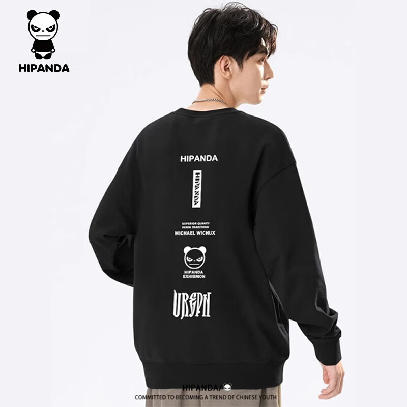 HIPANDA你好熊猫卫衣男2025年秋冬圆领印花男女款打底宽松休闲套头长袖男 黑色 3XL
