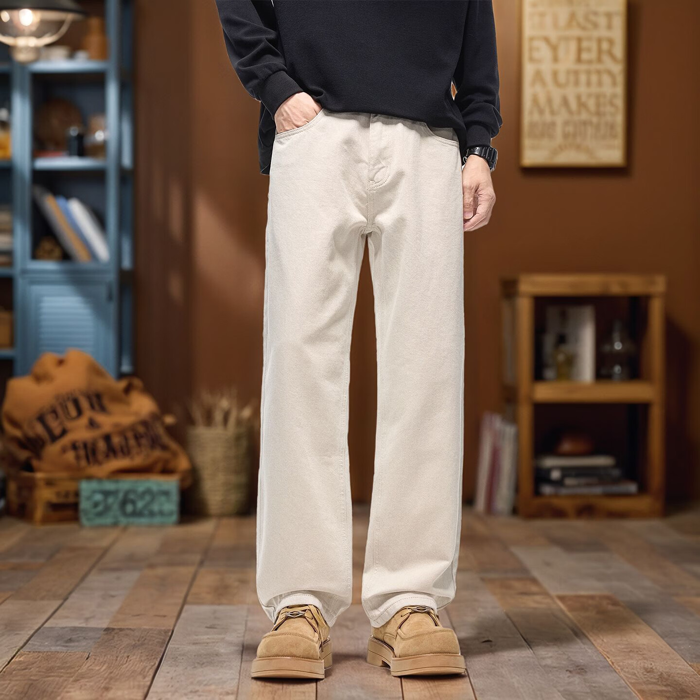 美式cleanfit纯棉白色直筒牛仔裤男潮牌宽松高街百搭阔休闲长裤子 米色 8612 四面弹 38 建议196-210斤