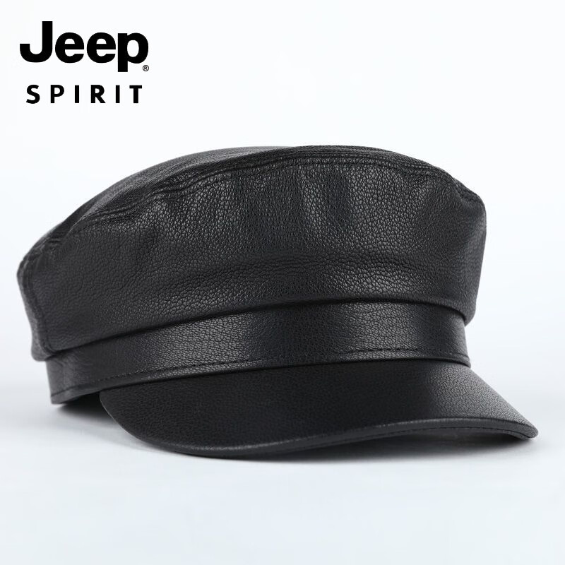 JEEP中老年解放军帽男士真皮帽子秋冬季平顶帽女韩版潮流百搭帽时尚 帽檐无线 M L【适合55-56c】
