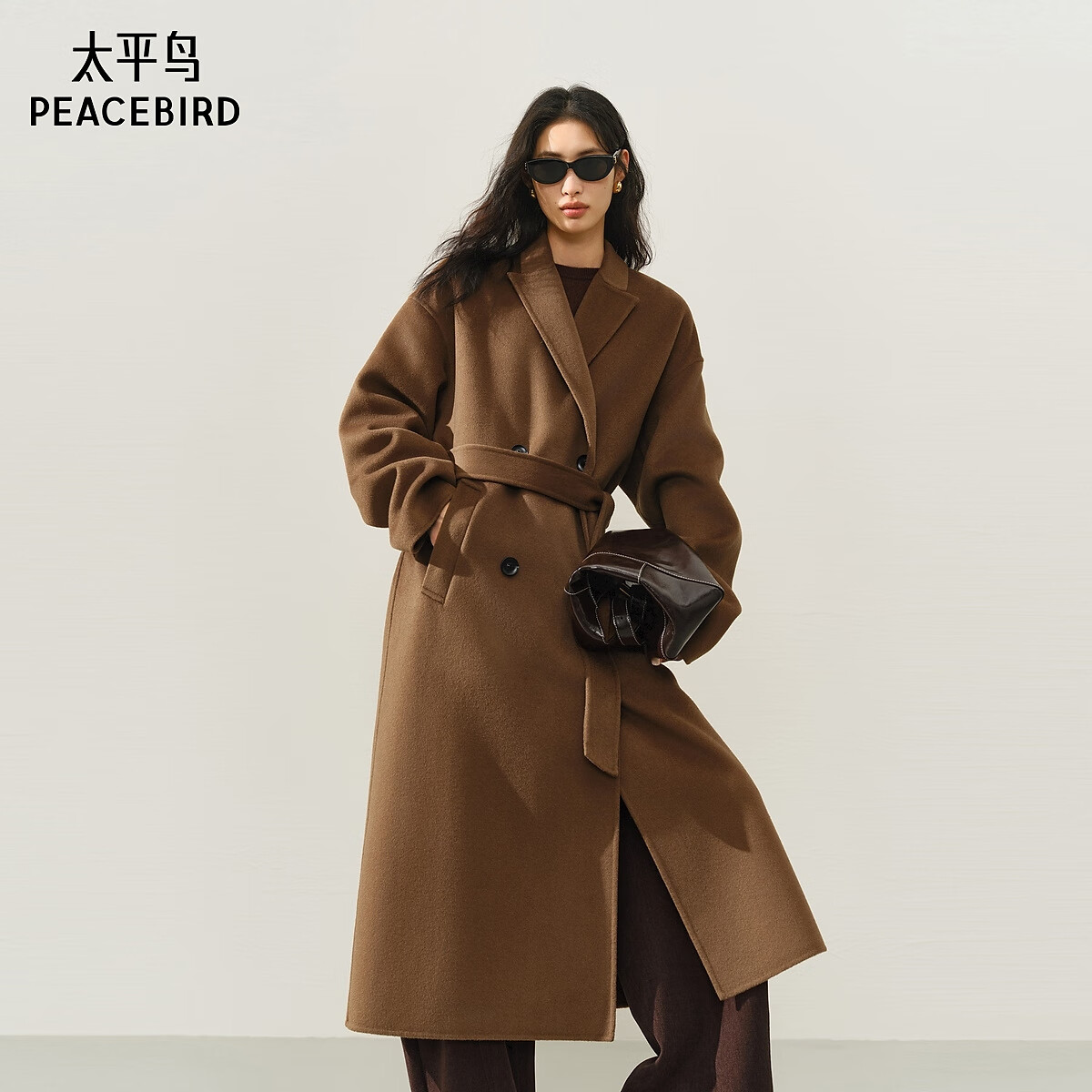 太平鸟女装毛呢大衣甄绒系列浴袍式2.0女双面毛呢外套D 棕色 M