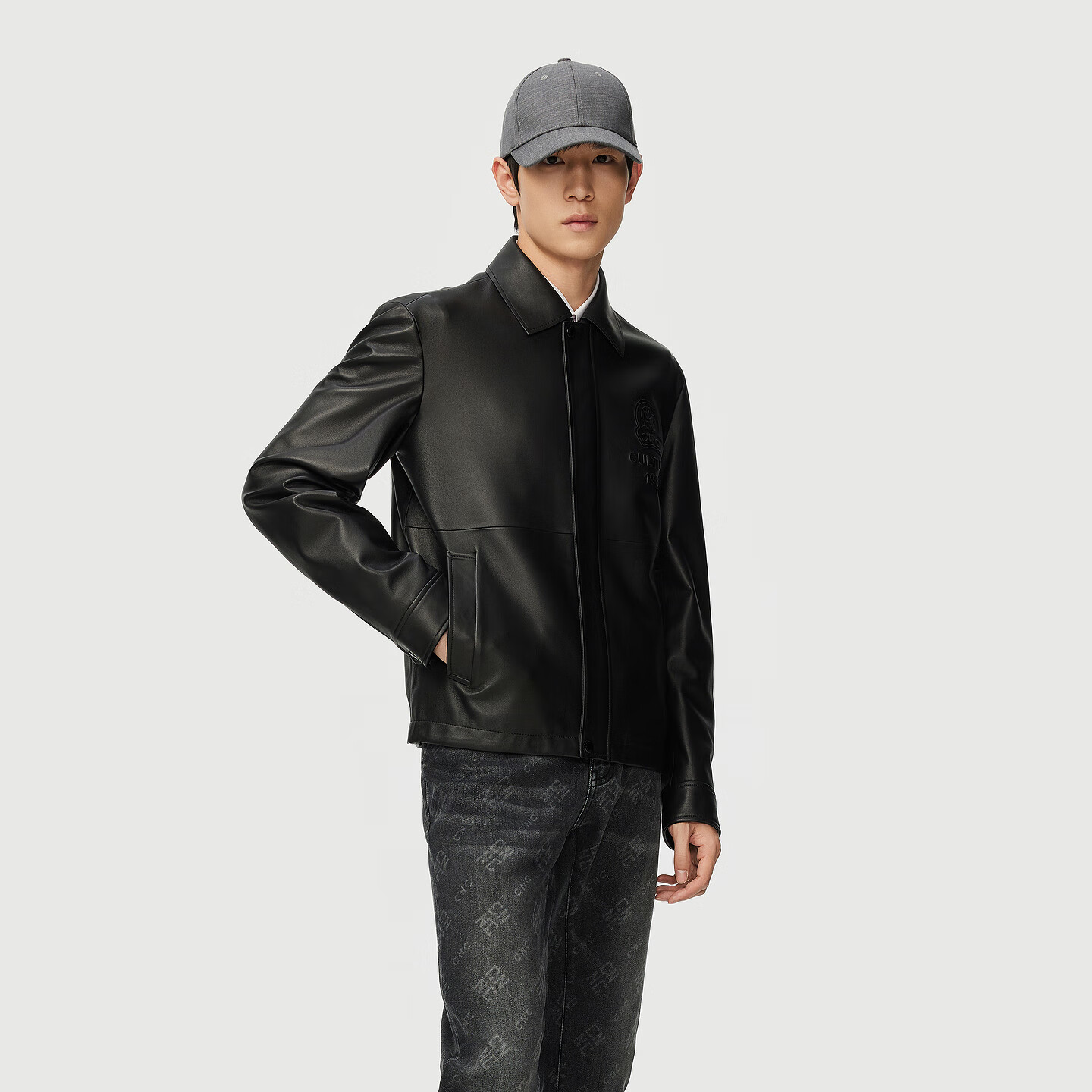 C'N'C【轻奢男装】CNC25秋新款翻领皮衣外套品牌压凸logo夹克男 黑色 54 /XL/(185/100A)