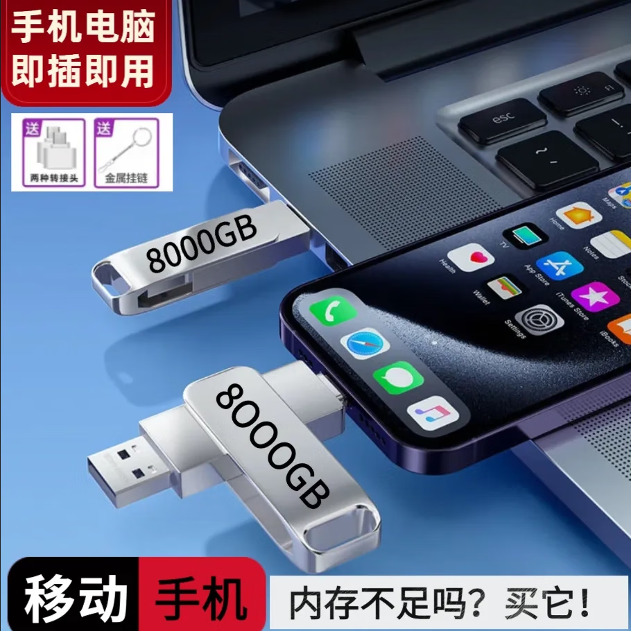 U盘高速8T大容量双接口type-c金属移动硬盘手机电脑两用存储2000G 4TB 手机电脑通用