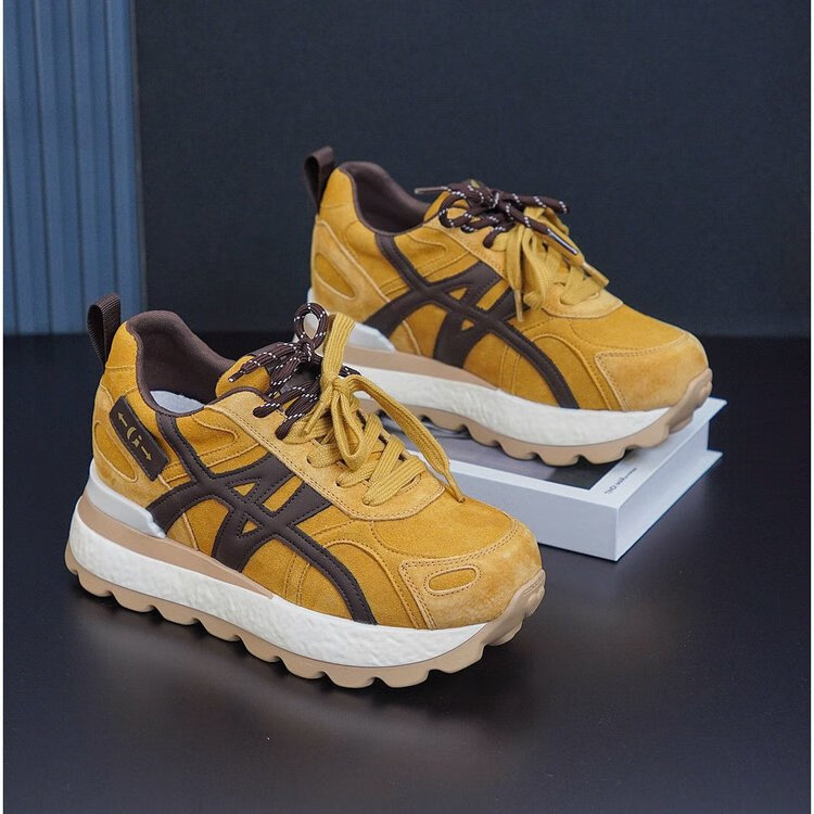 百丽踏小个子内增高8cm老爹鞋女2025秋季新款透气运动鞋百搭厚底休闲鞋 米色升级款 35