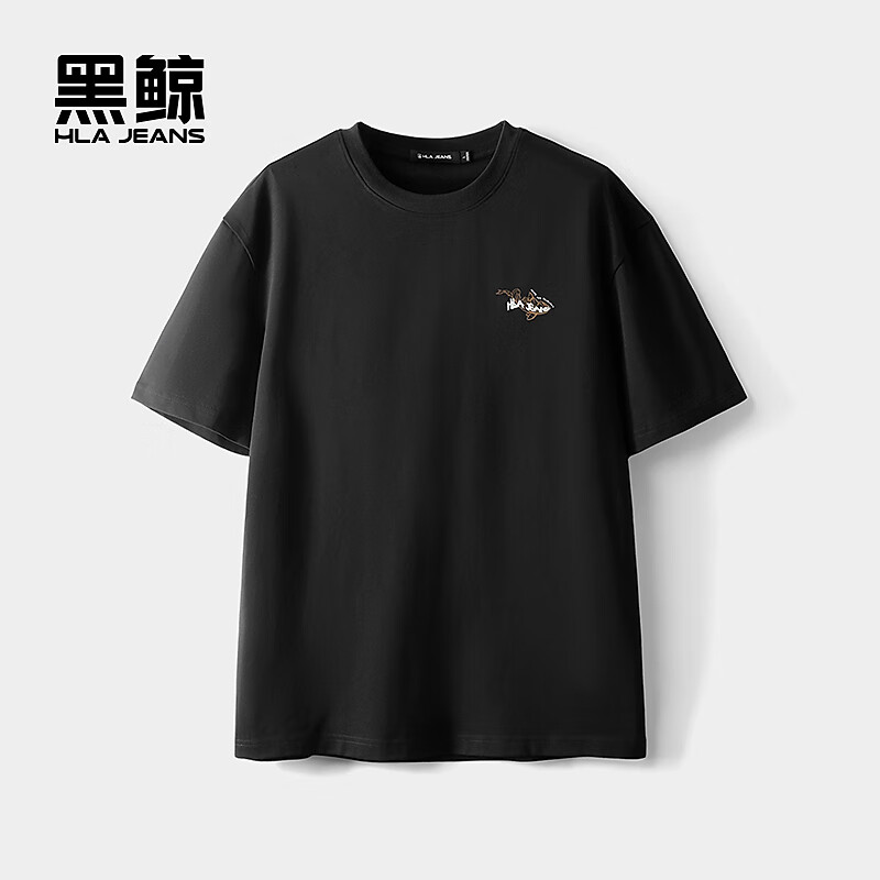黑鲸趣味字母印花短袖T恤男宽松圆领短t男舒适休闲 黑色27 S