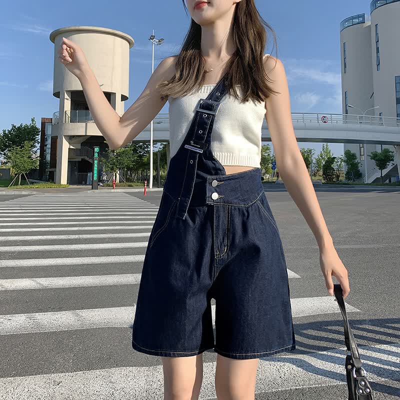 诗晗柔单肩背带牛仔短裤2022新款夏季薄款宽松韩版不规则斜背带裤