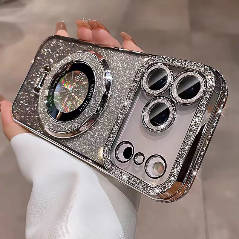 朵卡水钻支架适用苹果17promax手机壳iphone16pro镜头全包15硅胶防摔13好看轻奢高级感12小众保护 【沙漠金-闪粉卡】磁吸隐形支架-点钻硅胶软壳 iPhone 11ProMax