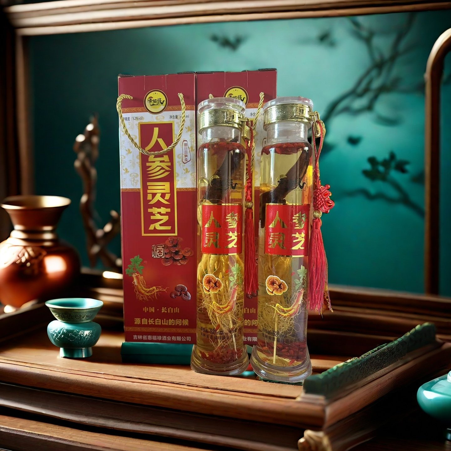 惠福禄人参酒 人参枸杞灵芝酒 酒 52度 1000mL 2瓶 人参灵芝+人参酒各一瓶