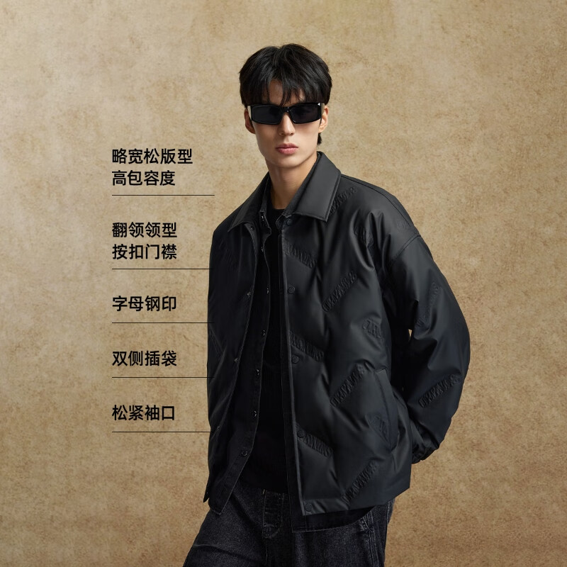 杰克·琼斯(JACK&JONES)男装25年秋冬季轻薄羽绒服男士翻领无帽短款PU压胶鸭绒服夹克 E41黑色 L (180)