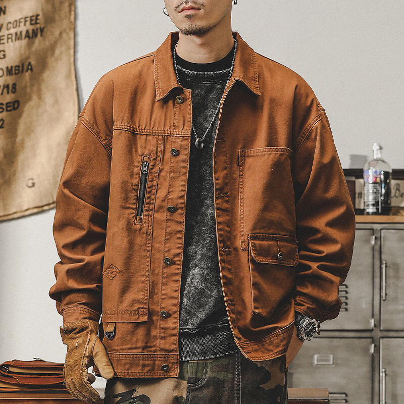仓石一树美式工装复古重磅鱼骨纹夹克男春秋款阿美咔叽硬汉猎装外套 焦糖色 XL 适合145-160斤 京东折扣/优惠券