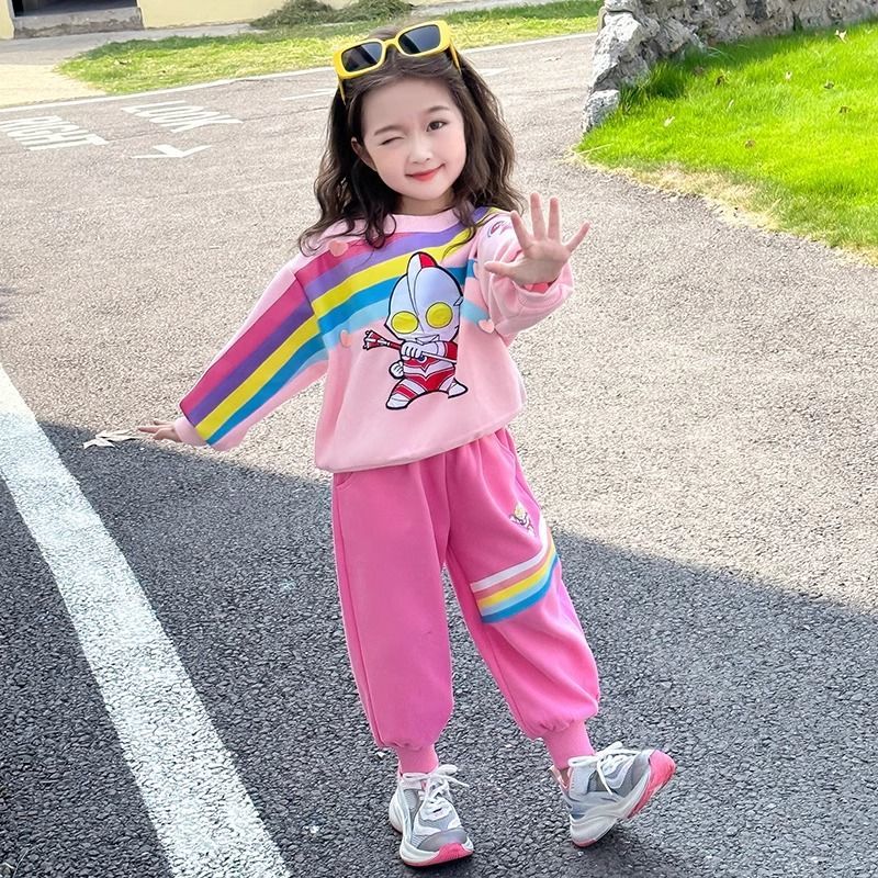 G.duck小黄鸭女童奥特曼发光春秋套装迪迦小女孩长袖衣服带灯运动两件套 【2件套】1766*粉色 100 码建议身高90-100cm