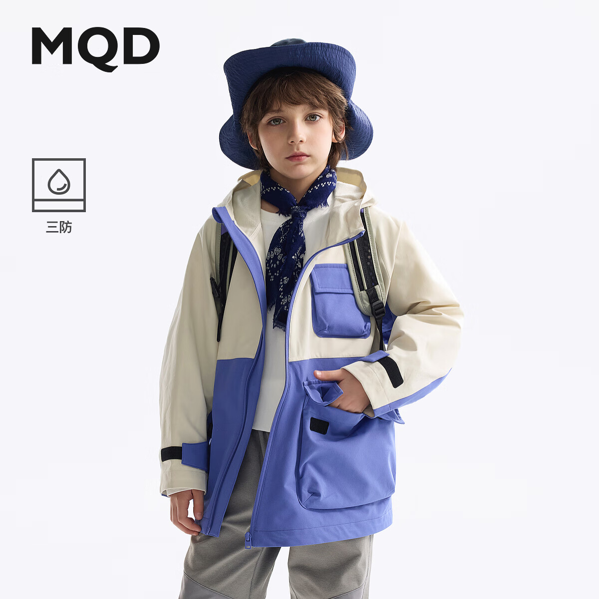 马骑顿（MQD）童装儿童风衣2025新款春秋季男童连帽外套斜门襟拼色时尚上衣 海岸蓝 160