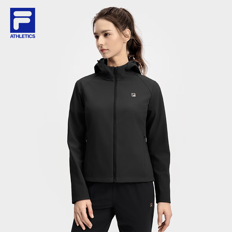 FILA 斐乐官方女士针织连帽外套秋新款健身运动防晒上衣运动夹克 深黑-BK M 165/84A/M