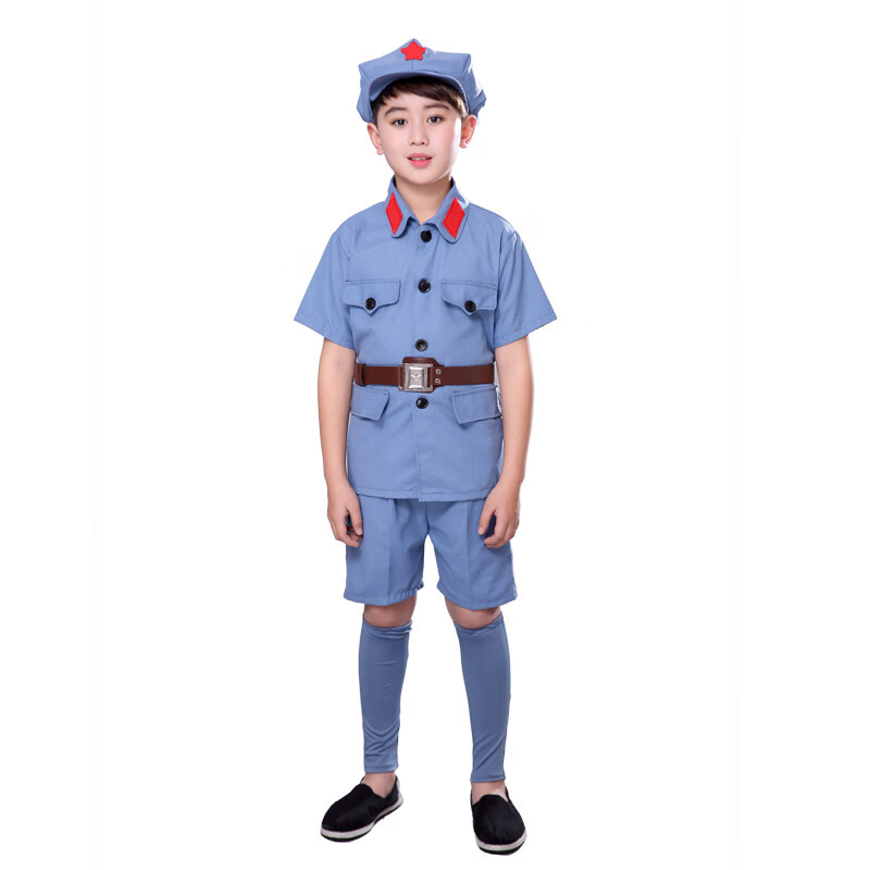 兰伶坊闪闪的红星儿童小红军演出服六一幼儿园小学生舞蹈合唱服装八路军 蓝灰色_短袖短裤 100 cm