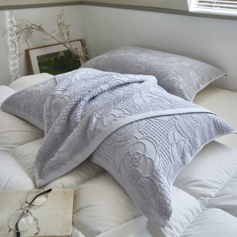 蜜乐暖A类100%纯棉枕巾男士防油防汗全棉枕头巾冬季吸汗大枕巾纱布枕套 繁花-灰【全棉毛线圈针织工艺】 【加厚加大】52x75cm【单只装】