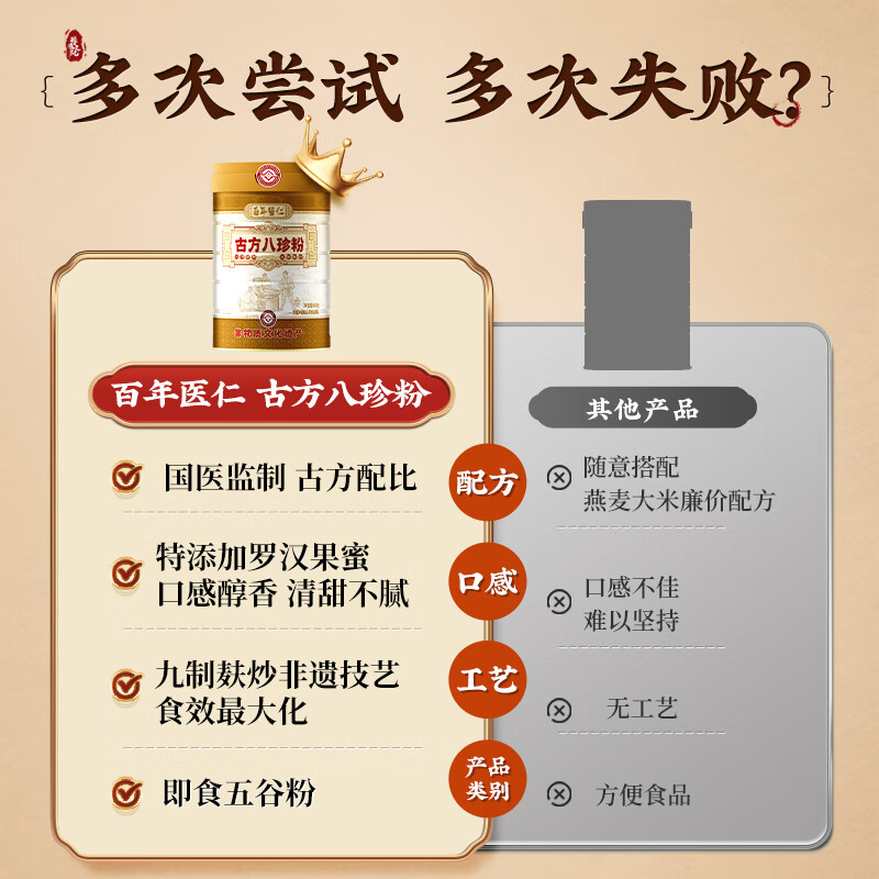百年医仁八珍粉健脾胃腹胀湿气排毒补脾山药党参茯苓芡实营养早餐食品600g 非遗古方八珍粉 600g*1罐 送搅拌器
