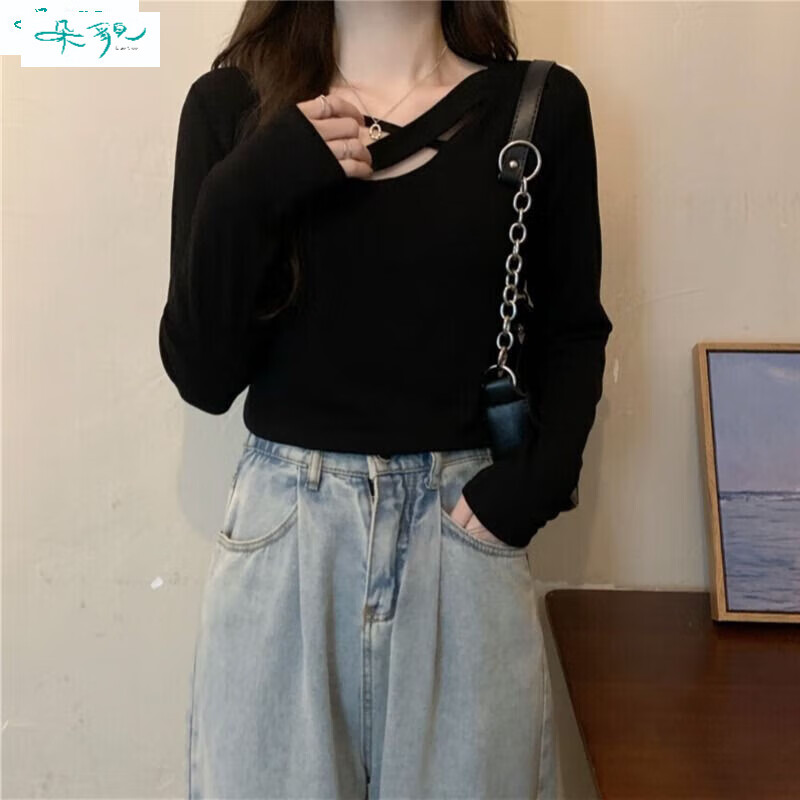 朵貌大码女装2025春秋新款修身内搭打底衫胖mm设计感长袖T恤显瘦上衣 灰色 S 建议70-85斤