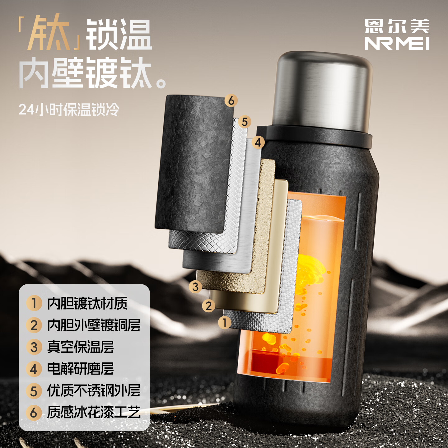 恩尔美(nRMEi)钛保温杯男士水杯泡茶杯茶水分离大容量保温水杯商务便携车载新款 【冰花银】800ml