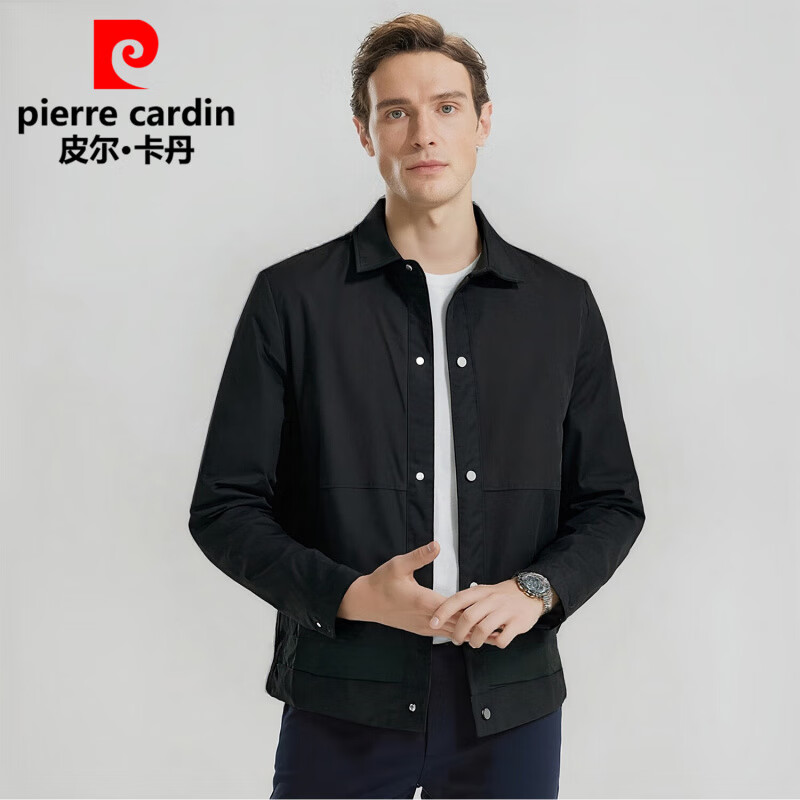 皮尔卡丹中老年爸爸装休闲商务夹克男舒适百搭翻领外套男秋季男装父亲礼物 黑色 XL (建议130-150斤)