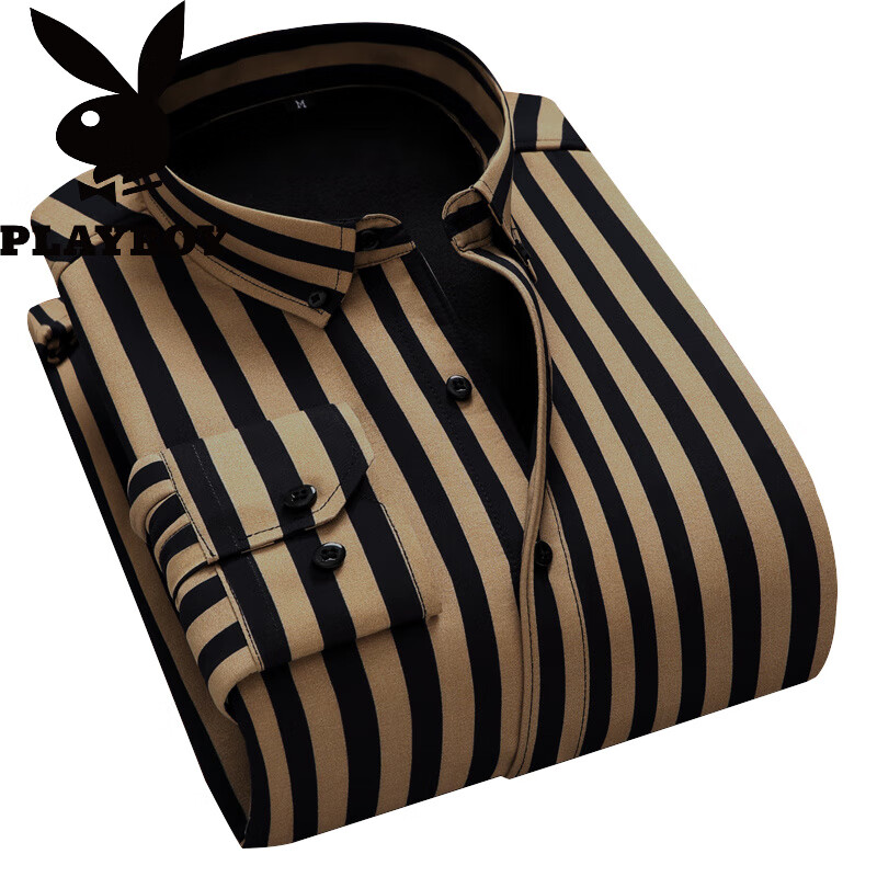 花花公子(PLAYBOY)保暖修身加厚秋冬衬衣条纹商务爸爸长袖男衬衫上衣宽松大码寸 黑色 保暖H15 加绒 M 建议90-105斤