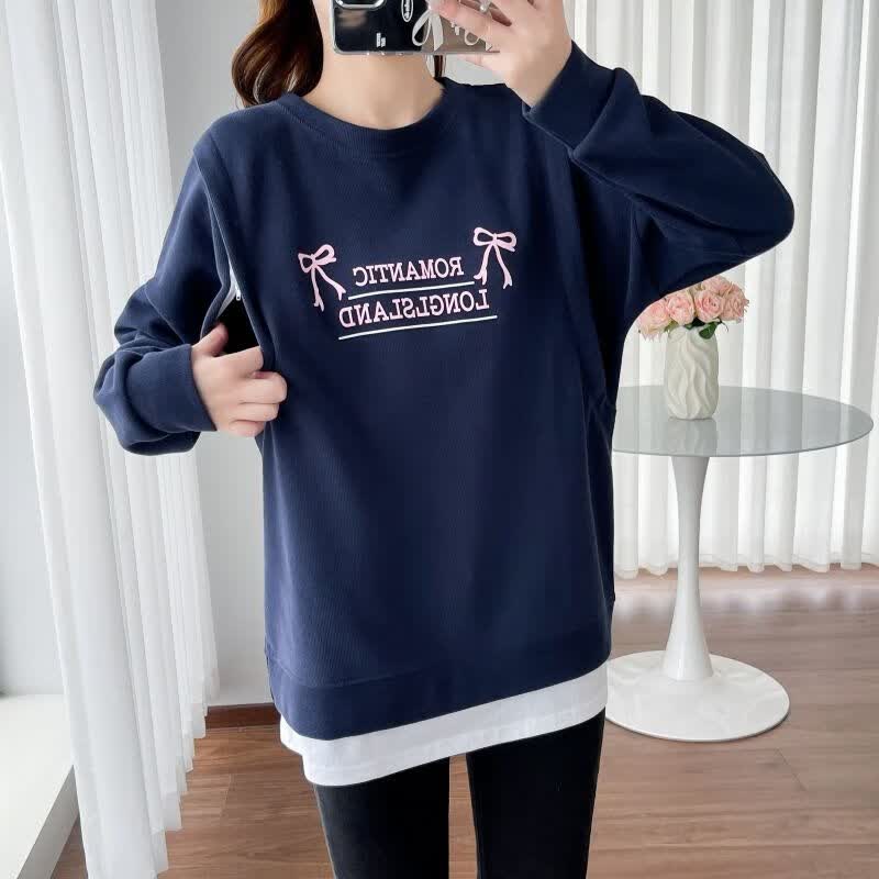 雅尔索宝妈喂奶衣服外出辣妈孕妇外穿哺乳衣秋冬季款时尚卫衣宽松上衣春 蓝色哺乳款 L（90-120斤）
