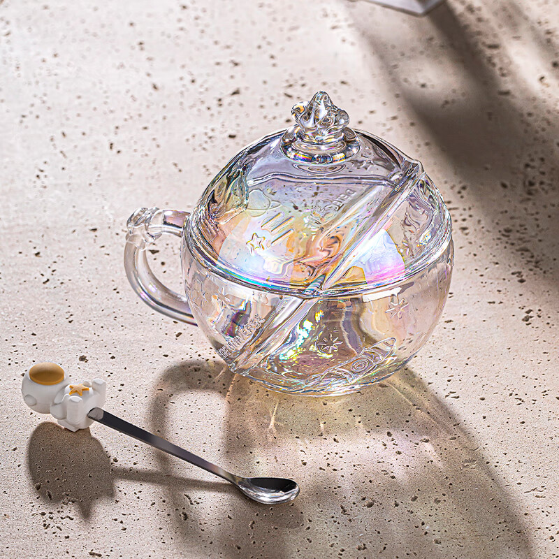 乐唯诗（LOVWISH）星空球杯玻璃杯带盖勺高颜值女生咖啡早餐喝水杯家用设计感燕麦杯 星球杯极光彩【含盖送勺】320ml*1
