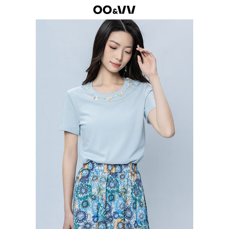 OO&VV设计感海星饰品项链圆领短袖T恤女2025夏修身显瘦休闲上衣新 天空蓝 S