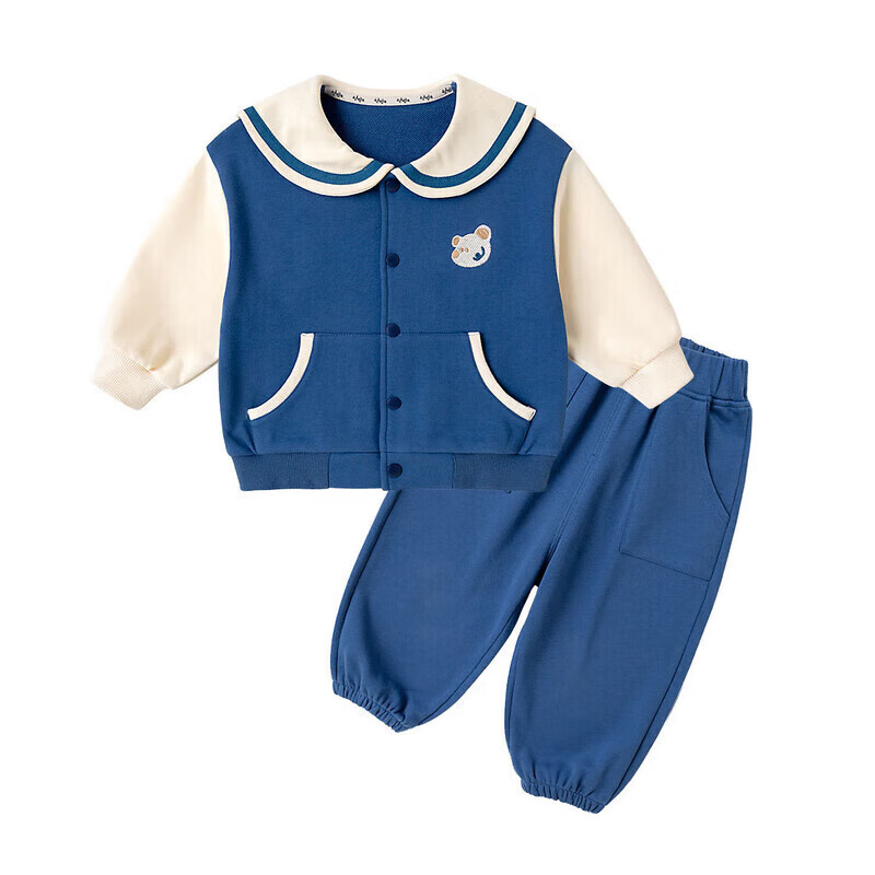 嘟嘟家男童翻领春季套装女童可爱纽扣外套儿童休闲两件套宝宝束脚裤春装 卡其色 120