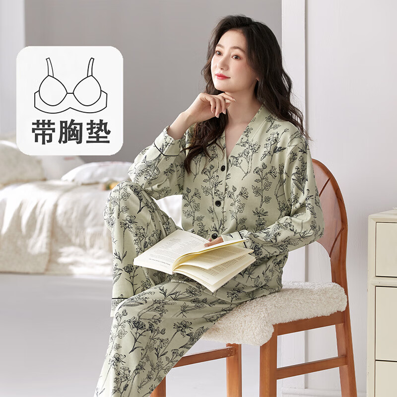 雅鹿睡衣女带胸垫长袖长裤套装春秋季薄款和服领开衫可外穿女家居服 T25655茶灰杏水墨 M 【80-90斤】