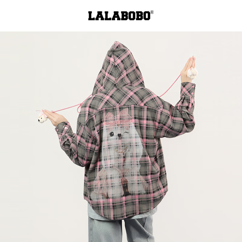 拉拉波波【快乐护卫队系列】LALABOBO衬衫25年秋新款原创格子印花连帽上衣 M