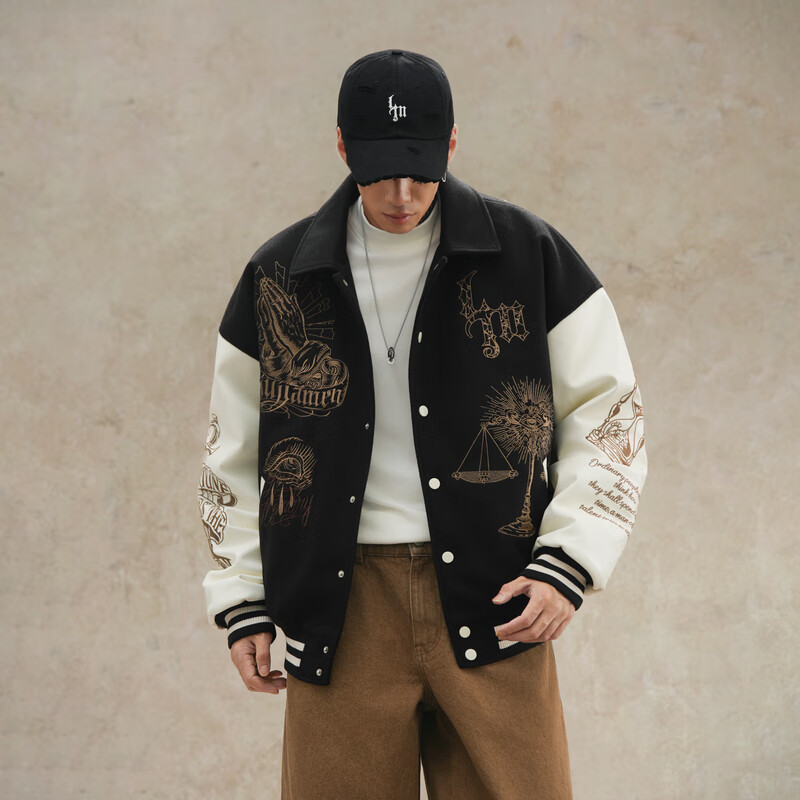 鹿家门原创毛呢加厚棒球服男士春秋重工运动外套宽松大码保暖棉服 黑色（常规款） 2XL 推荐180-220斤