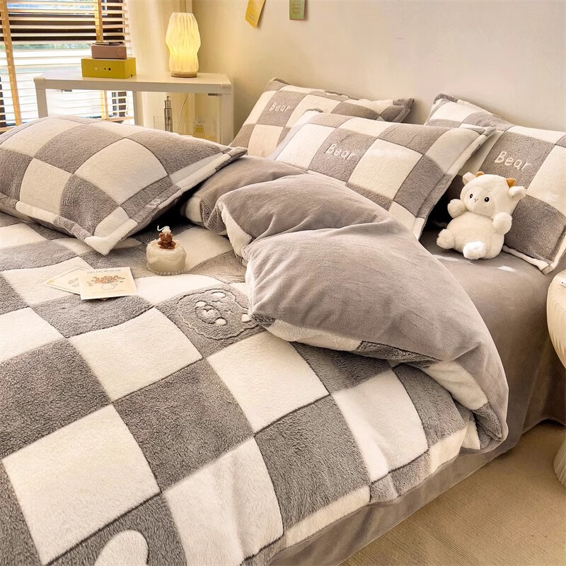 水星系列家纺冬季牛奶绒珊瑚四件套法兰绒床上用品床单双面加绒加厚被套三件套 黑白小熊店长推荐 床单款 0.9m床三件套150X200