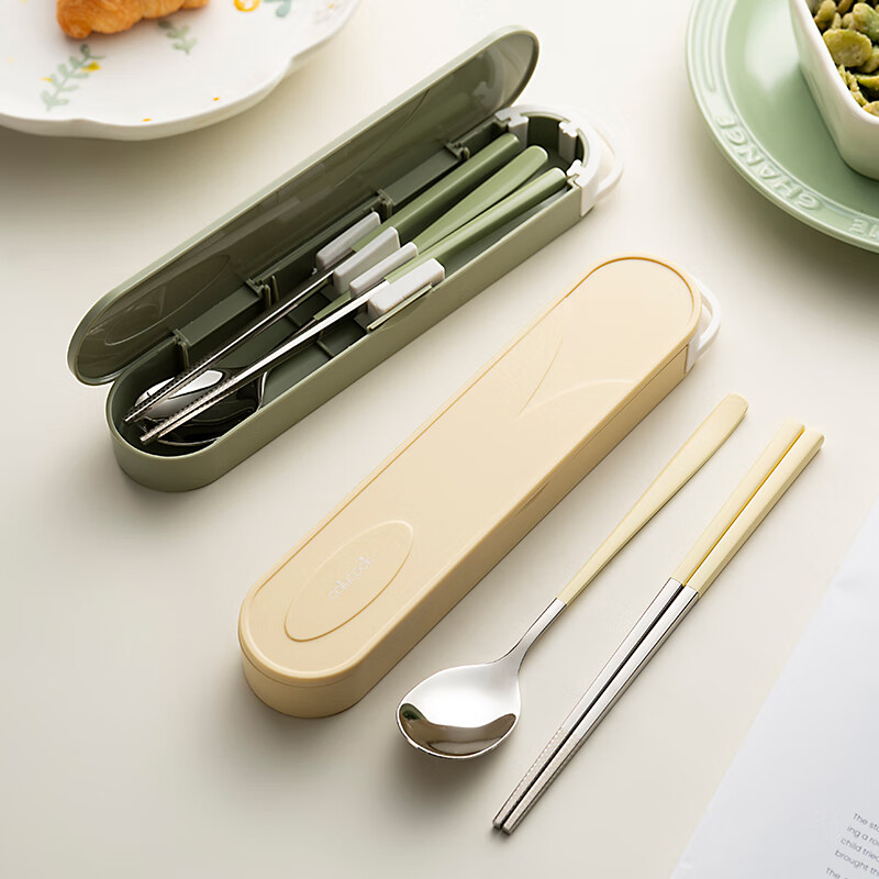 onlycook316不锈钢便携餐具 学生筷子勺子套装 筷勺静音收纳盒-绿色两件套
