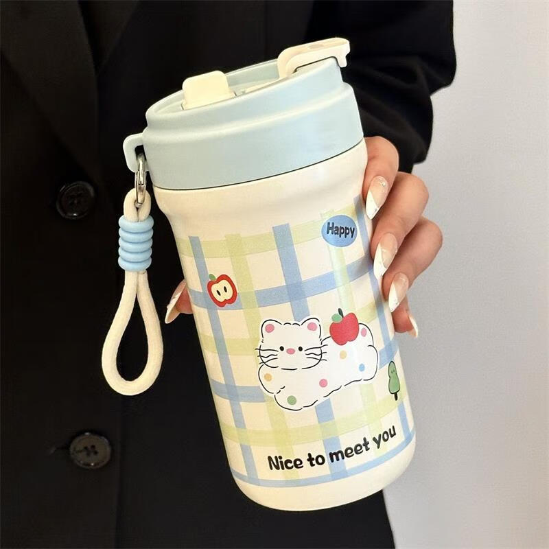 鸿迪卡通双饮保温杯女生高颜值316不锈钢便携咖啡杯吸管学生水杯子 蓝色格子喵 500ml 双饮+茶仓