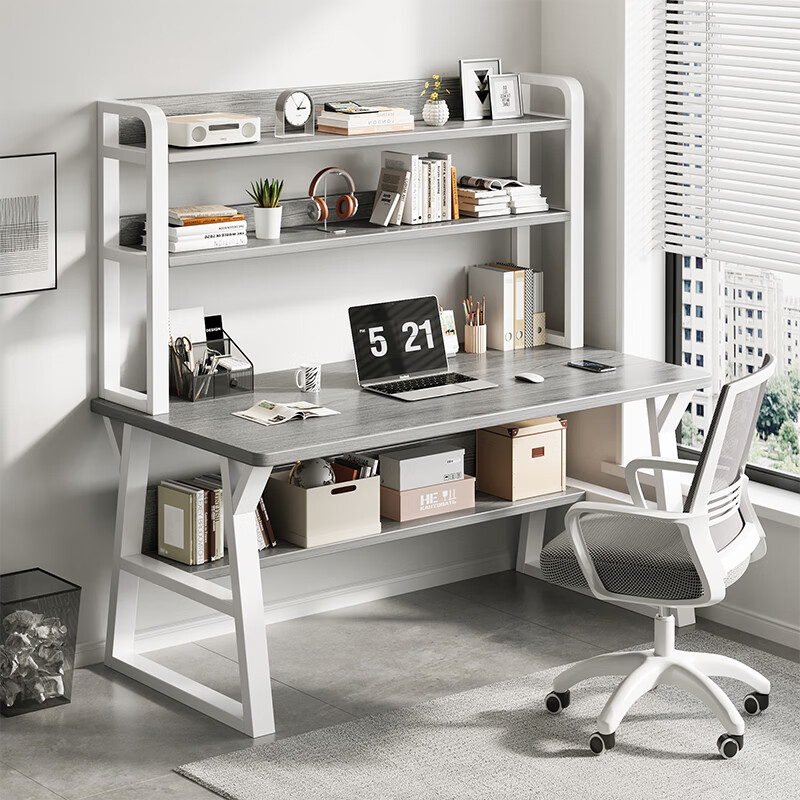 富禾实木电脑桌台式书架一体书桌简约家用桌椅组合学习桌卧室写字桌子 推-双层莫兰迪灰色-白架120*60cm 【单桌】加粗钢架